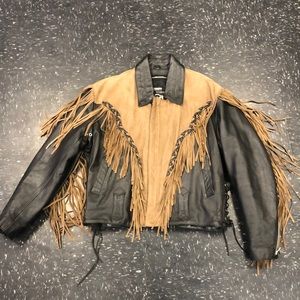 Black and brown leather padded jacket with tassels and inner lining vest
